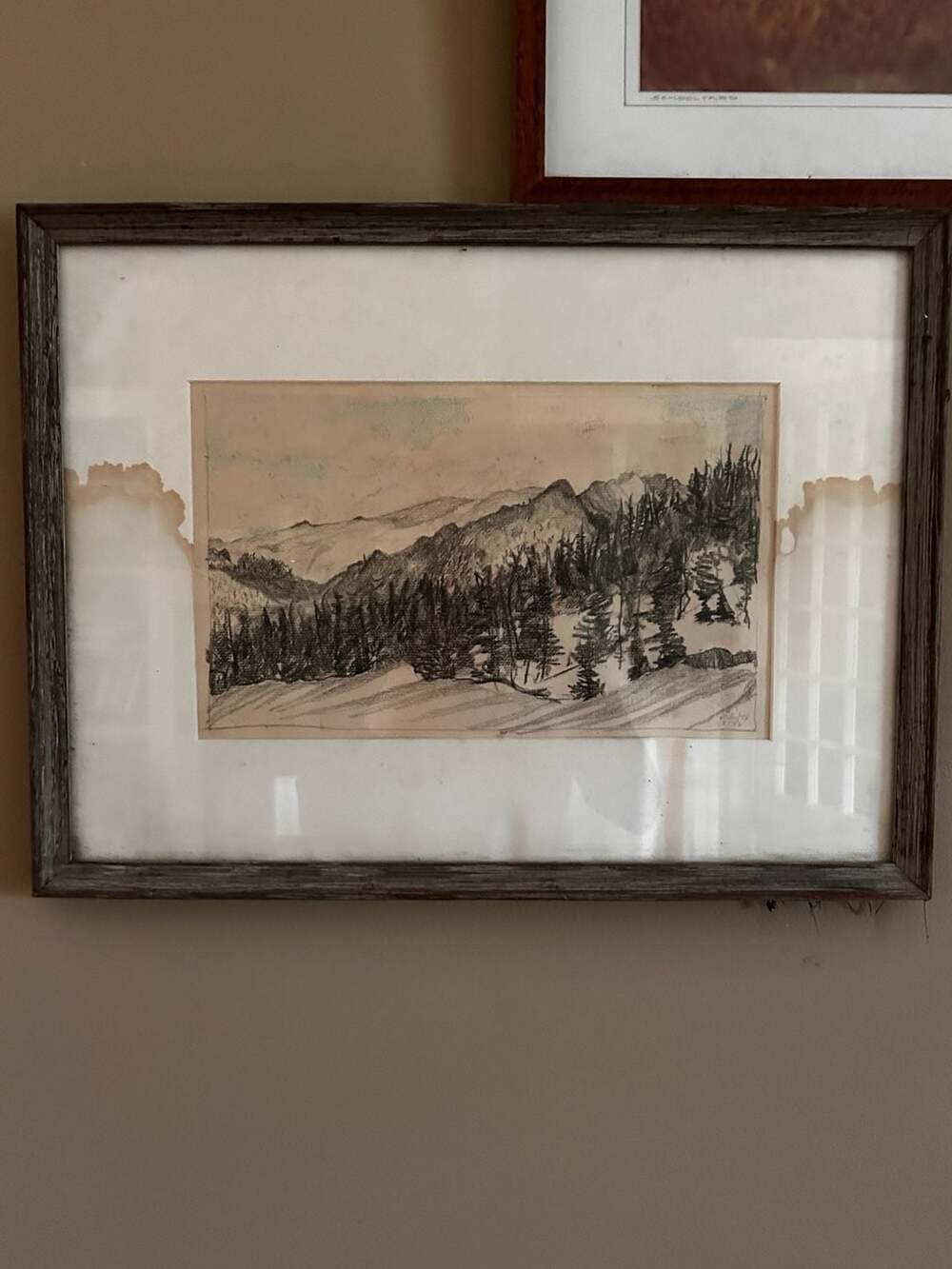 Vintage Original Mountain Landscape Pencil Drawing in Rustic Frame